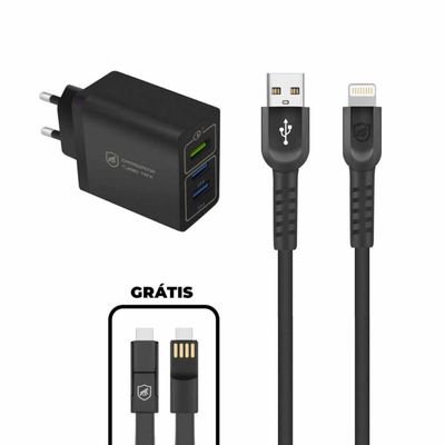 Kit Carregador Triplo Turbo + Cabo Dual Shock Lightning + Cabo de Brinde - Gshield