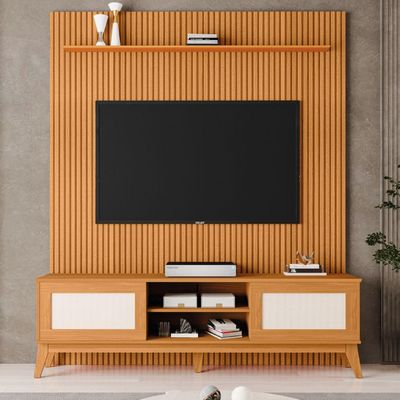 Rack Bancada Cairo Com Painel Para Tv Até 75 Polegadas Egeo Cedro Ripado Impressão 3d Edn Cedro