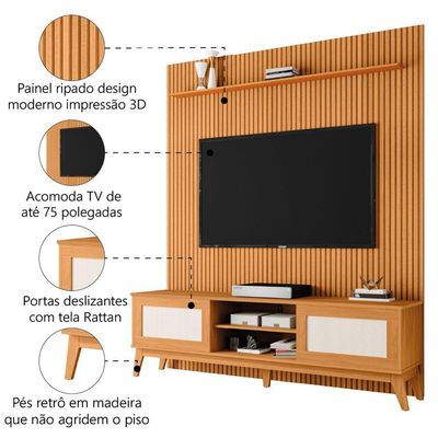 Rack Bancada Cairo Com Painel Para Tv Até 75 Polegadas Egeo Cedro Ripado Impressão 3d Edn Cedro
