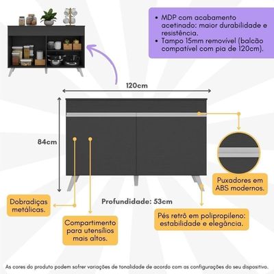 Balcão Cozinha Gabinete Pia 120cm 2 Portas Veneza Multimóveis V3738 Preto/branco Preto/branco
