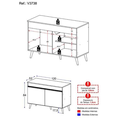 Balcão Cozinha Gabinete Pia 120cm 2 Portas Veneza Multimóveis V3738 Preto/branco Preto/branco