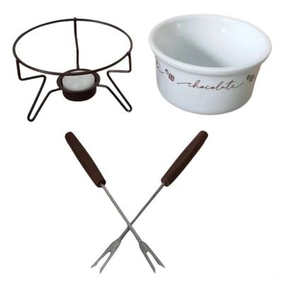 Conjunto Aparelho De Fondue Chocolate Porcelana Casal 5 Peças Doce Frutas Cerâmica