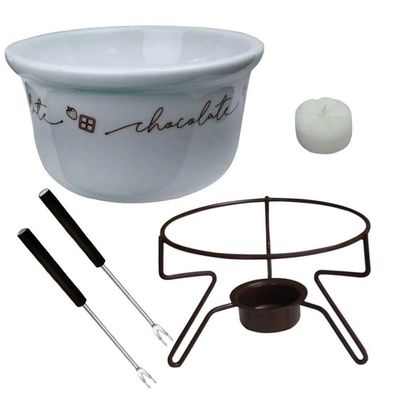Conjunto Aparelho De Fondue Chocolate Porcelana Casal 5 Peças Doce Frutas Cerâmica