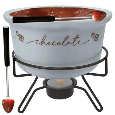 Conjunto Aparelho De Fondue Chocolate Porcelana Casal 5 Peças Doce Frutas Cerâmica