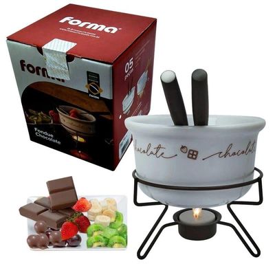 Conjunto Aparelho De Fondue Chocolate Porcelana Casal 5 Peças Doce Frutas Cerâmica