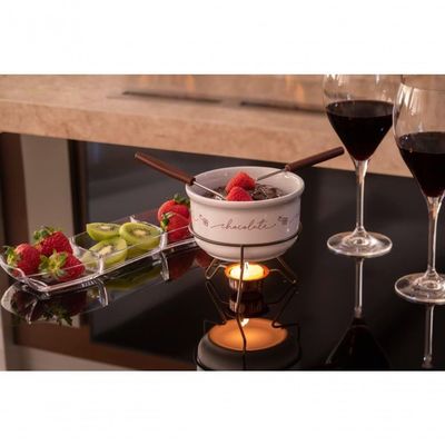 Conjunto Aparelho De Fondue Chocolate Porcelana Casal 5 Peças Doce Frutas Cerâmica