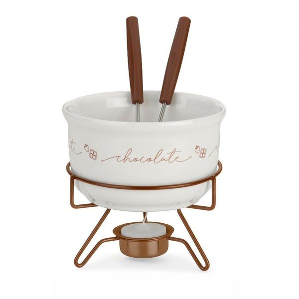 Conjunto Aparelho De Fondue Chocolate Porcelana Casal 5 Peças Doce Frutas Cerâmica