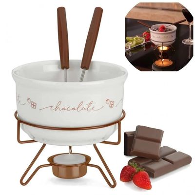 Conjunto Aparelho De Fondue Chocolate Porcelana Casal 5 Peças Doce Frutas Cerâmica