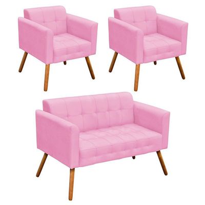 Kit 01 Namoradeira e 02 Poltronas Suede Pés Palito Rosa Bebê