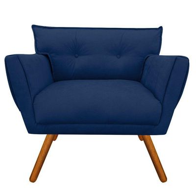Poltrona Anitta Suede Azul Marinho Pés Palito Castanho