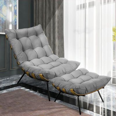 Kit Poltrona e Puff Costela Suede Grafite Base Metal Drossi