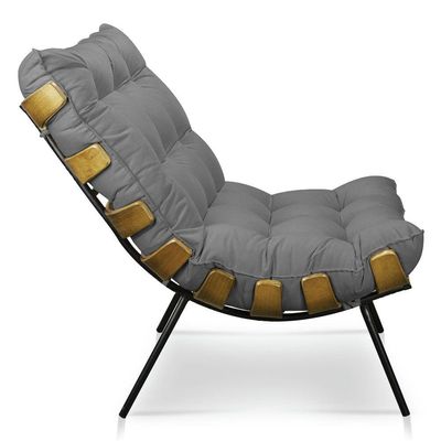 Kit Poltrona e Puff Costela Suede Grafite Base Metal Drossi