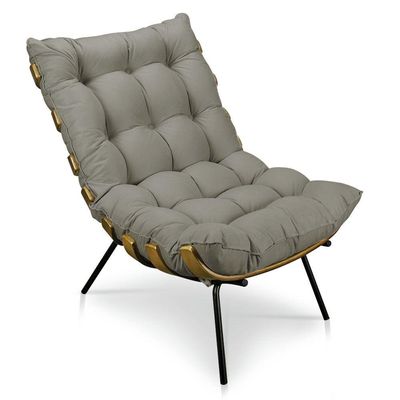 Kit Poltrona e Puff Costela Suede Marrom Rato Base Metal
