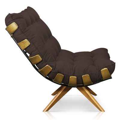 Poltrona Giratória Costela Suede Base Madeira Marrom