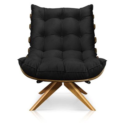 Poltrona Giratória Costela Suede Preto Base Madeira D´rossi