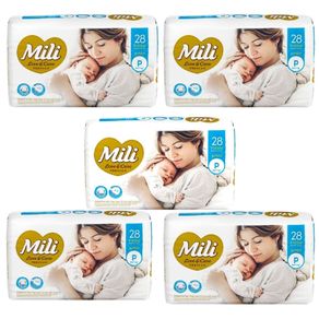 Fralda Descartável Mili - Love & Care - Linha Premiun - Tamanho P- 5 Pacotes c/28 (total 140 fraldas)