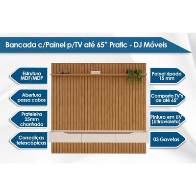 Rack Bancada c/Painel p/TV até 65 Polegadas Pratic Ripado Prateleira 223x240cm Cedro - DJ Móveis