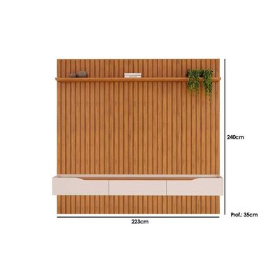 Rack Bancada c/Painel p/TV até 65 Polegadas Pratic Ripado Prateleira 223x240cm Cedro - DJ Móveis
