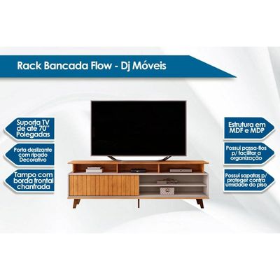 Rack Bancada p/TV até 70 Polegadas Flow Ripado c/ Nichos e Pés 180x60cm Freijó/Off White - DJ Móveis