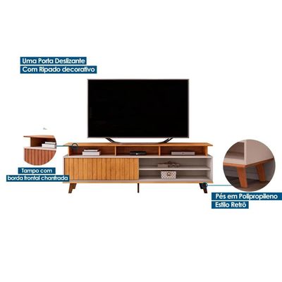Rack Bancada p/TV até 70 Polegadas Flow Ripado c/ Nichos e Pés 180x60cm Freijó/Off White - DJ Móveis