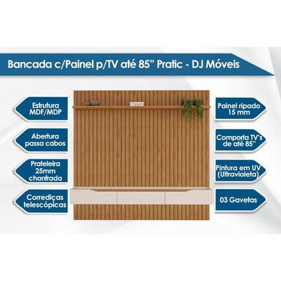 Rack Bancada c/Painel p/TV até 85 Polegadas Pratic Ripado Prateleira 250x240cm Freijo - DJ Móveis