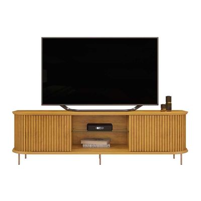 Rack Bancada p/TV até 75 Pol Atlas 100% MDF c/ Ripado e Pés 218x62cm Off White - DJ Móveis