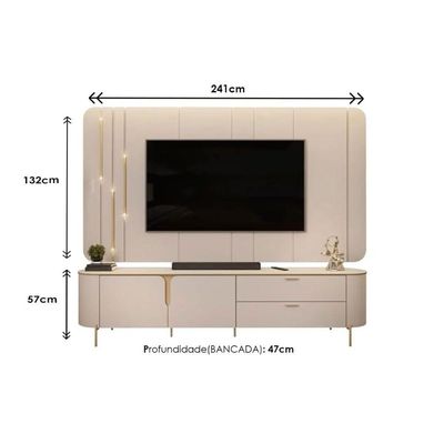 Rack Bancada c/Painel p/TV até 75 Polegadas Celine 100% MDF Led 241x189cm Bali/Cedro - DJ Móveis