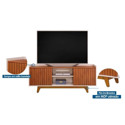 Rack Bancada p/TV até 60 Polegadas Flat Ripado c/ Nichos e Pés 150x60cm Freijó/Off White - DJ Móveis