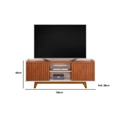 Rack Bancada p/TV até 60 Polegadas Flat Ripado c/ Nichos e Pés 150x60cm Freijó/Off White - DJ Móveis