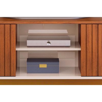 Rack Bancada p/TV até 60 Polegadas Flat Ripado c/ Nichos e Pés 150x60cm Freijó/Off White - DJ Móveis
