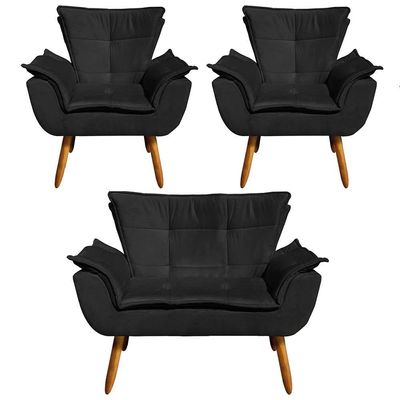 Kit 01 Namoradeira E 02 Poltronas Opala Suede Preto