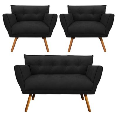 Kit 01 Namoradeira e 02 Poltronas Anitta Suede Pés Palito