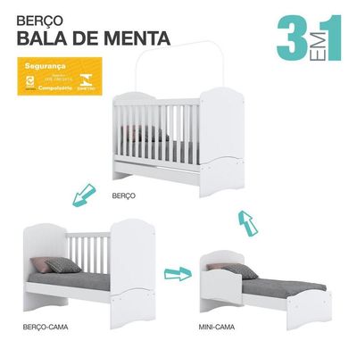 Berço Mini Cama 3 Em 1 Bala De Menta Henn Branco