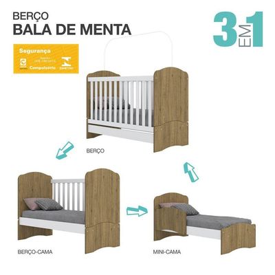 Berço Mini Cama 3 Em 1 Bala De Menta Henn Rústico Branco Hp