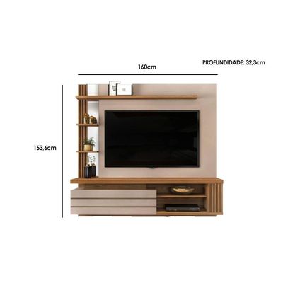 Painel Home p/TV até 55 Polegadas Marin c/ Prateleiras e Bancada 160x153cm Bali/Cedro - DJ Móveis