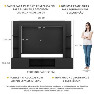 Rack Estante com Painel Tv 65 e 2 Portas Oslo Preto