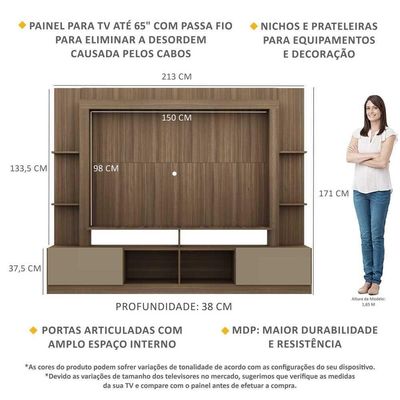 Rack Estante com Painel Tv 65 e 2 Portas Oslo Madeirado