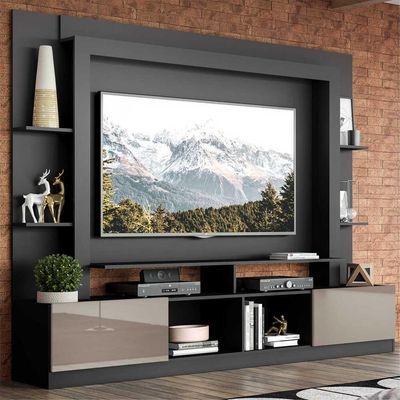 Rack Estante com Painel Tv 65 e 2 Portas Oslo Preto Fumê