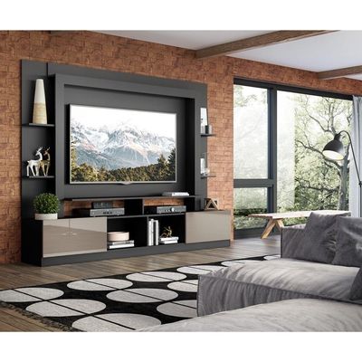 Rack Estante com Painel Tv 65 e 2 Portas Oslo Preto Fumê