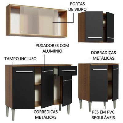 Armário de Cozinha Emilly Box com Balcão e Aéreo Vidro Preto