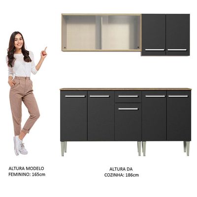 Armário de Cozinha Emilly Box com Balcão e Aéreo Vidro Preto