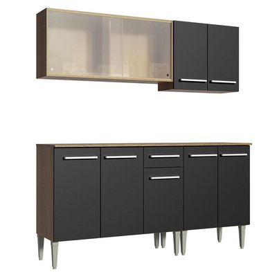 Armário de Cozinha Emilly Box com Balcão e Aéreo Vidro Preto