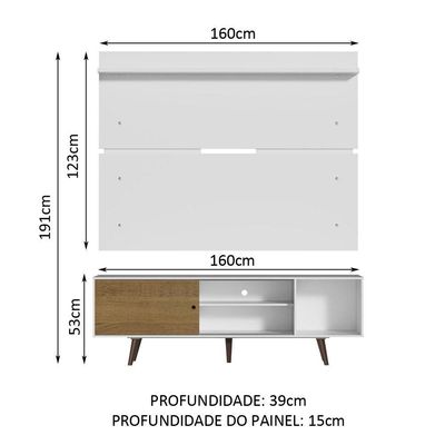Rack Dubai e Painel Tv até 65" com Pés Branco/rustic Madesa