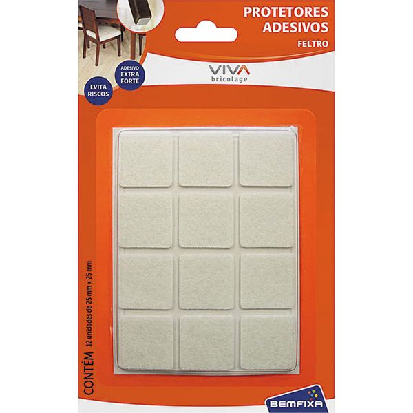 Feltro Adesivo Quadrado 25x25mm com 12 Unidades 9312 Bemfixa Branco