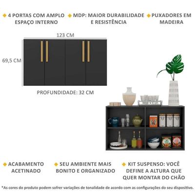 Aparador Buffet 4 Portas Suspenso Viena Preto/natural