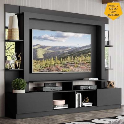 Rack com Painel Tv 65 Prateleiras com Espelho Oslo Preto