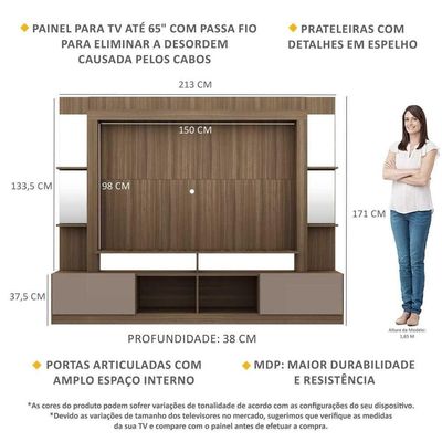 Rack com Painel Tv 65 Prateleiras com Espelho Oslo Madeirado