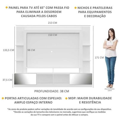 Rack com Painel Tv 65 Portas com Espelho Oslo Branco e Fumê