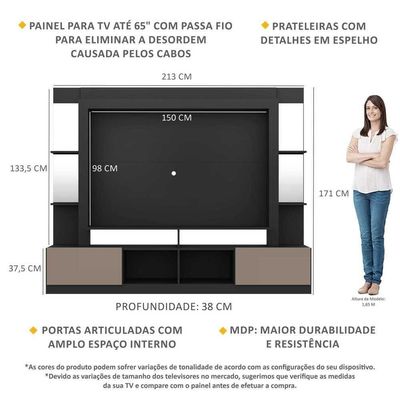 Rack com Painel Tv 65 Prateleiras com Espelho Oslo Preto