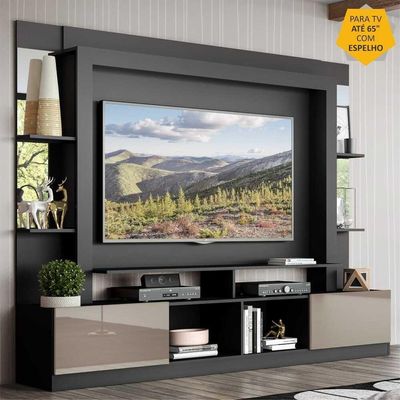 Rack com Painel Tv 65 Prateleiras com Espelho Oslo Preto